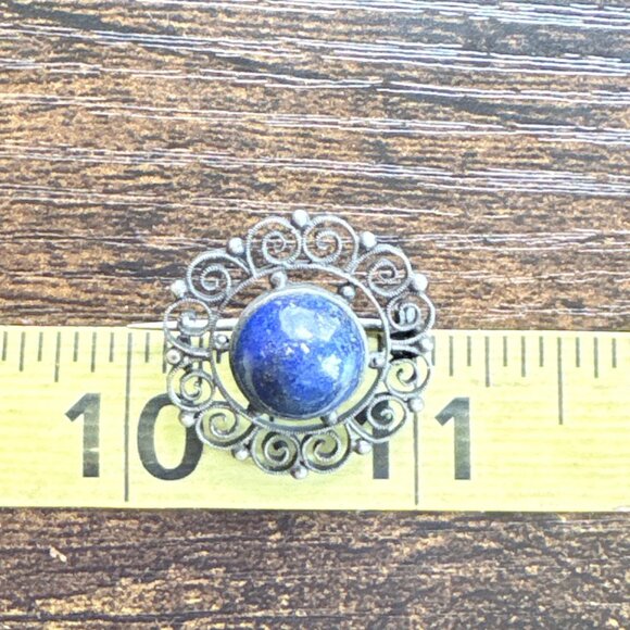 VTG Silver Tone Lapis Lazuli Bezel Set Scroll Design Brooch Size 1" Length - Picture 6 of 7